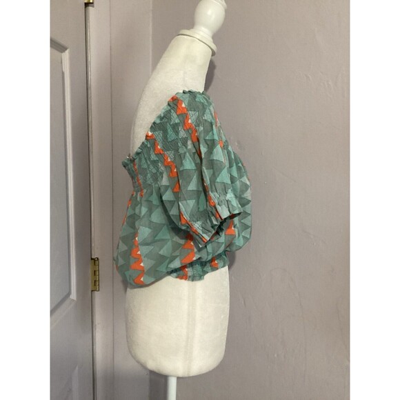 Anthropologie Feather Bone Demetria Smocked Cropped Top Blue Orange Stripe S - Picture 4 of 8